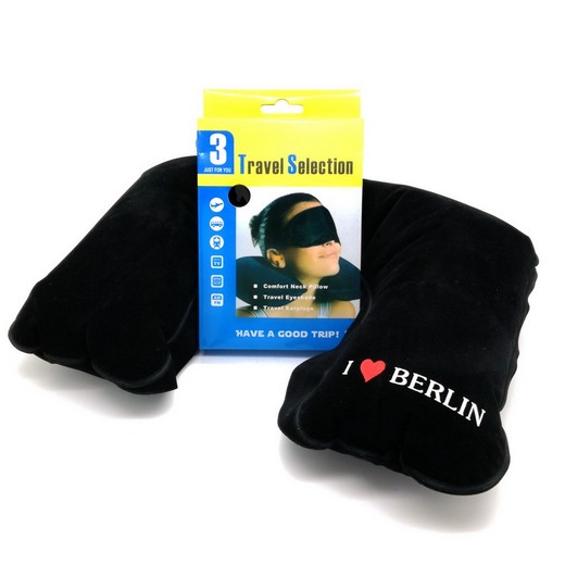 Neck Pillow Travel Set with Eye Patch and Ear Plugs (Black)