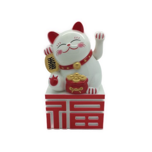 Mini Waving Cat Lucky Cat Maneki Nekoon Pedestal - White