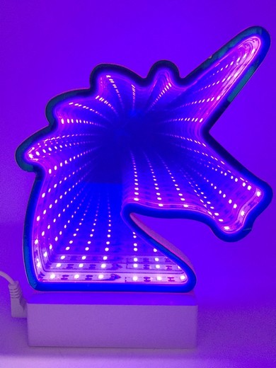 Luminous 3D LED mirror image with unicorn motif