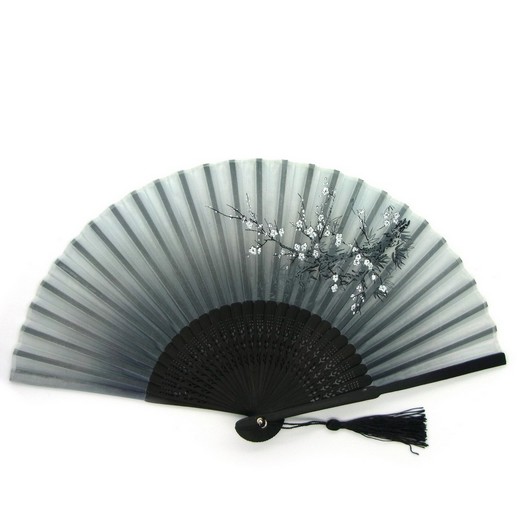Hand fan wood with blossom tree pattern BLACK