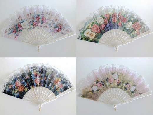 Fächer Handfächer mit verschiedenen Blumenmuster weiss