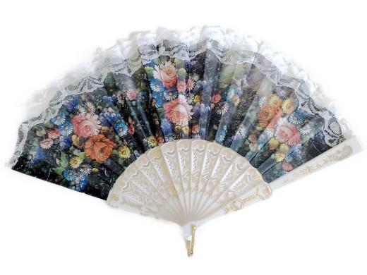 Fächer Handfächer mit verschiedenen Blumenmuster weiss