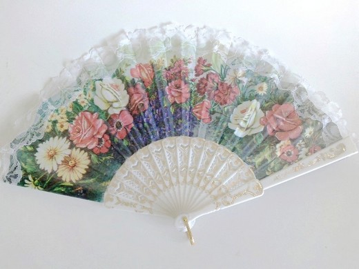 Fächer Handfächer mit verschiedenen Blumenmuster weiss