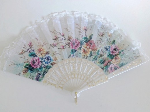 Fächer Handfächer mit verschiedenen Blumenmuster weiss