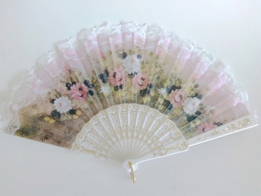 Fächer Handfächer mit verschiedenen Blumenmuster weiss
