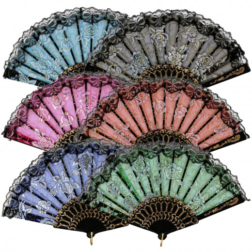 Handfächer Fächer Kunststoff Stoff Blumenmuster Bund (farbig sortiert)
