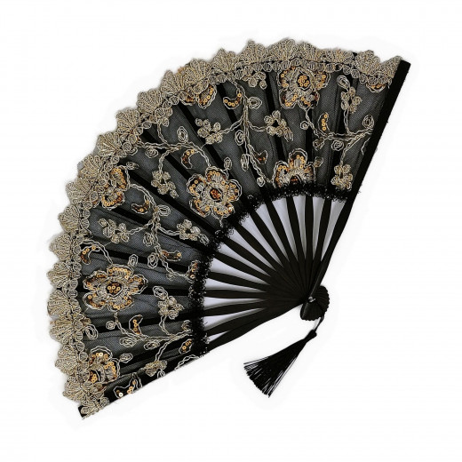 27cm Handfächer Bambus Spitzenstoff mit Pailletten Blumen (farbig sortiert)