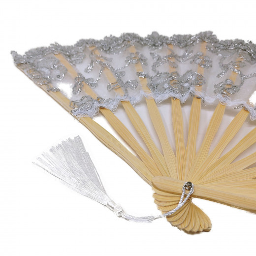 27cm Handfächer Bambus Spitzenstoff mit Pailletten Blumen (farbig sortiert)