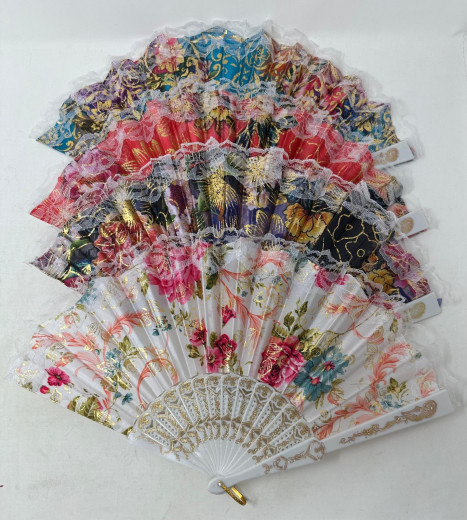 Handfächer Fächer Kunststoff Stoff Blumenmuster Bund  weiss