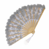 27cm Handfächer Bambus Spitzenstoff mit Pailletten Blumen (farbig sortiert)