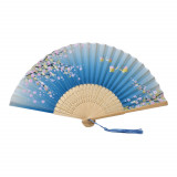 Handfächer Holz mit Blütenbaum-Muster blau ( 10St. / Packung )