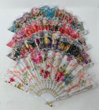 Handfächer Fächer Kunststoff Stoff Blumenmuster Bund  weiss