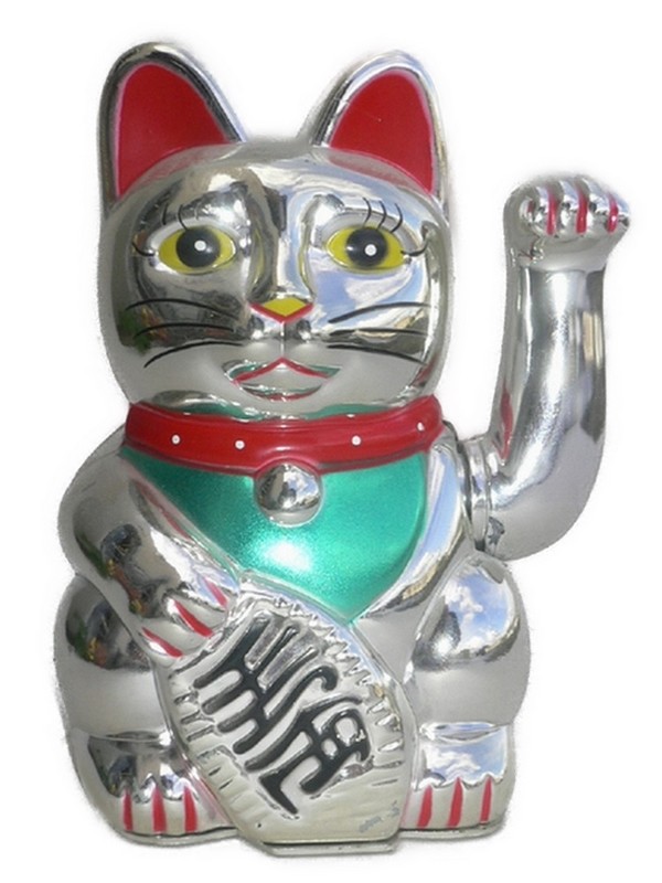 13cm Glückskatze (batteriebetrieben) Winkekatze Lucky Cat Maneki Neko  #silber