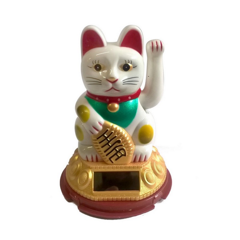 Glückskatze Winkekatze Solar 8cm weiß Maneki Neko winkende Katze  Glücksbringer