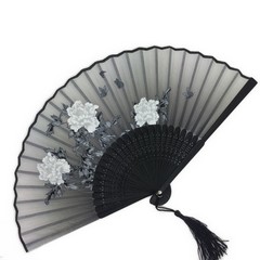Wooden hand fan with peony tree pattern BLACK