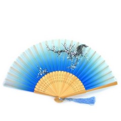 Hand fan wood with blossom tree pattern blue