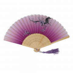 Hand fan wood with purple blossom tree pattern