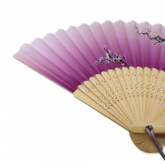 Hand fan wood with purple blossom tree pattern