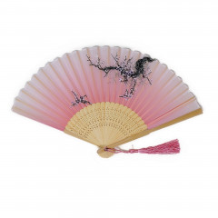 Hand fan wood with blossom tree pattern PINK