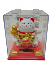 10cm Glückskatze (solarbetrieben) Winkekatze Lucky Cat Maneki Neko #weiss