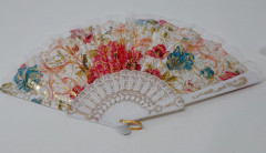 Handfächer Fächer Kunststoff Stoff Blumenmuster Bund  weiss