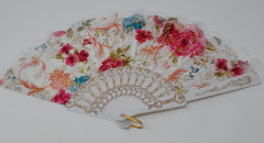 Handfächer Fächer Kunststoff Stoff Blumenmuster Bund  weiss