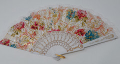 Handfächer Fächer Kunststoff Stoff Blumenmuster Bund  weiss